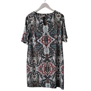 Chico's White Green Multi Keyhole Neckline Paisley Print Knit Jersey Dress -Sz 8